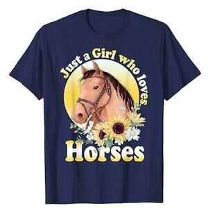 Port Company Blue Just a Girl Who Loves Horses Crew Neck Graphic T Shirt Size S